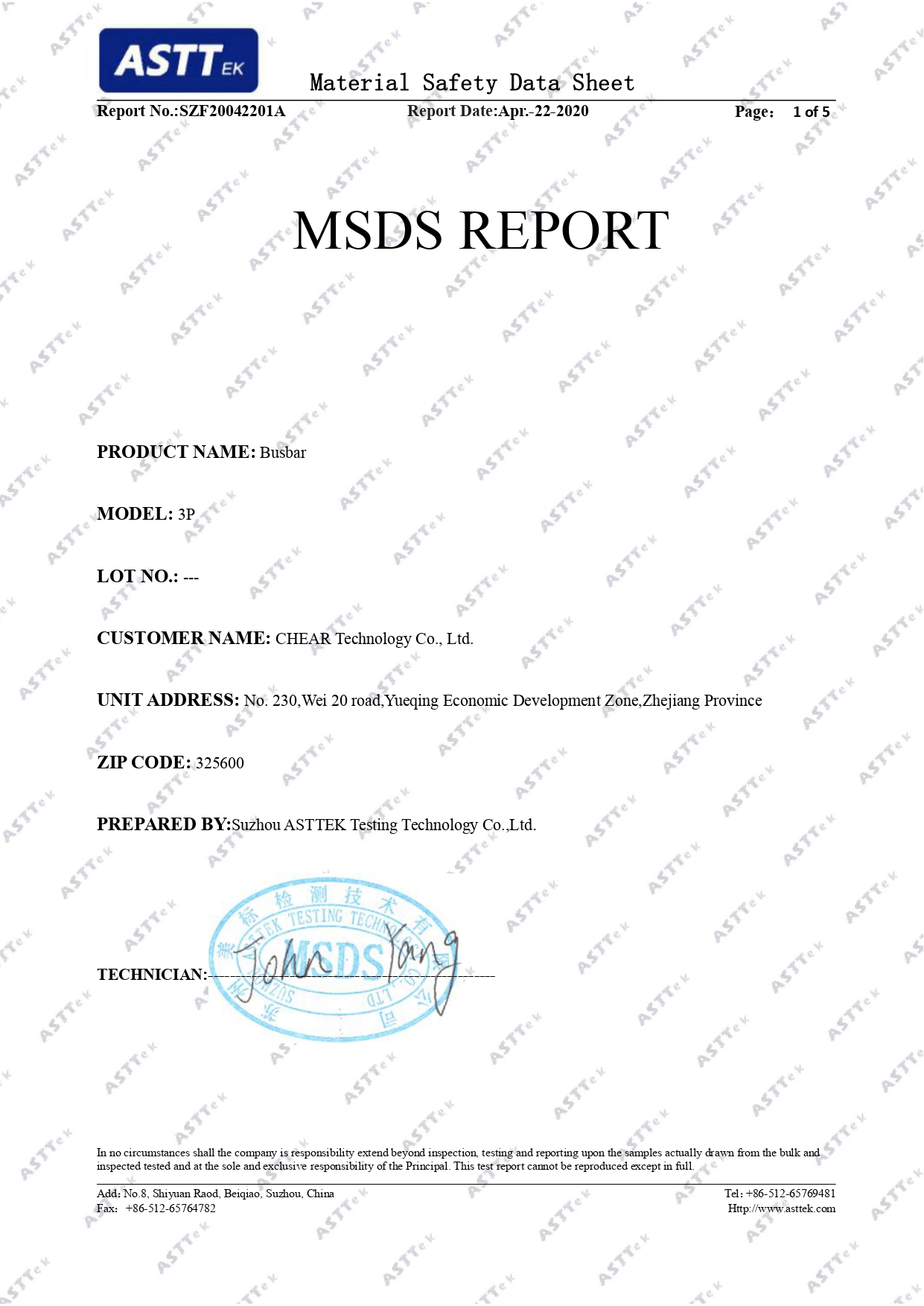 Busbar MSDS